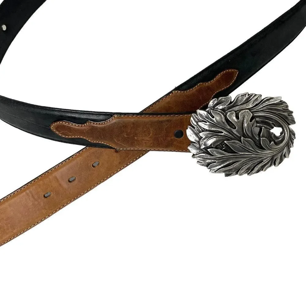 Tony Lama leather braided coin studs‎ floral buckle belt Sz 44 western boho
